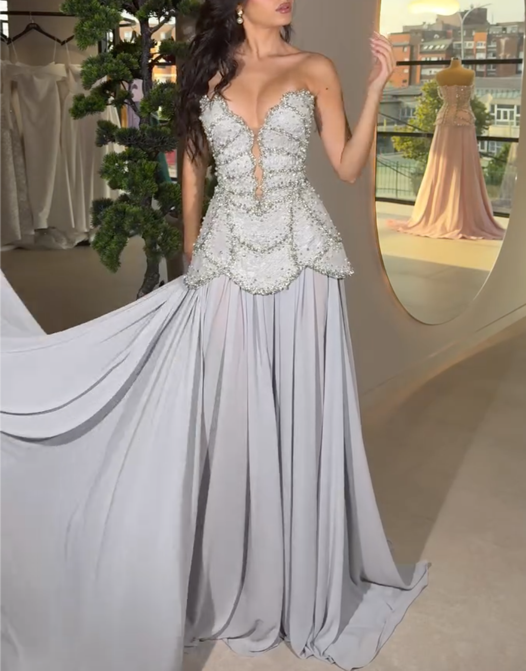 Silver Gray Strapless Maxi Dress with Pearl & Crystal Beading