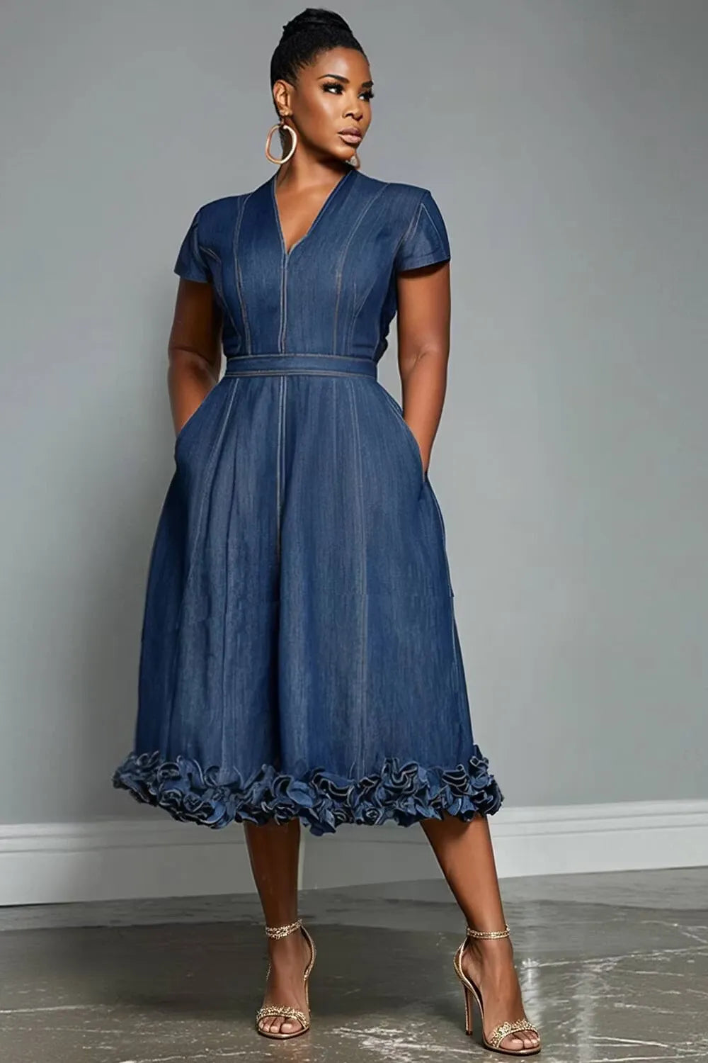 Xpluswear Design Plus Size Business Casual Blue V Neck Short Sleeve Pocket Ruffle Tencel Denim Midi Dresses