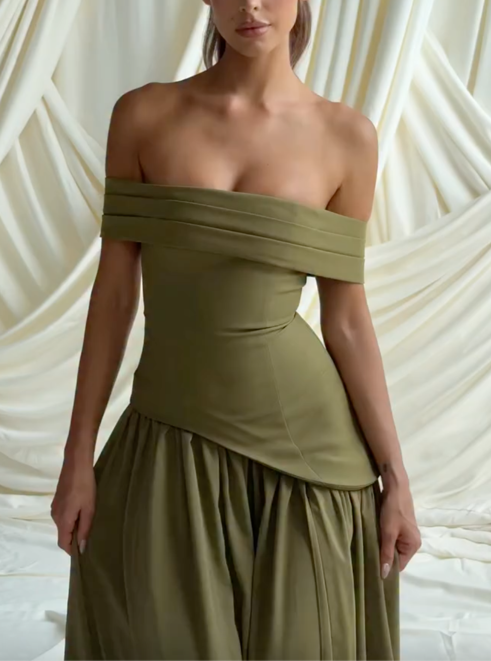 Olive Green Off Shoulder Maxi Dress with Asymmetrical Hem, High Slit & Draped Back Sash