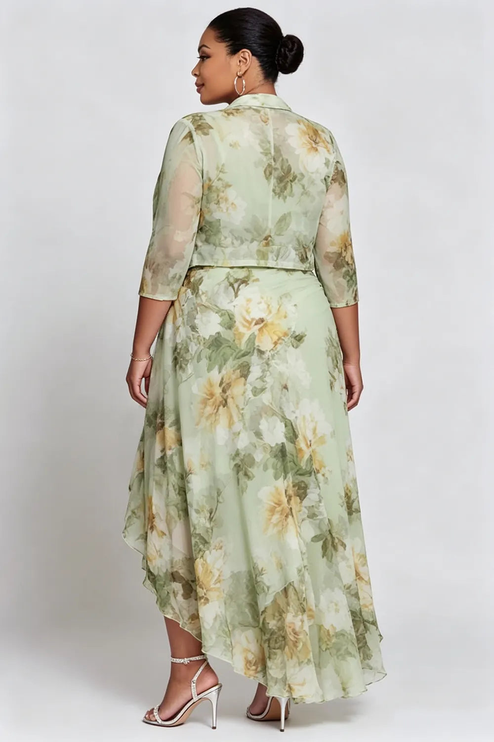 Mother Of The Bride Sage Green Floral Wrap Neck 3/4 Sleeve Fold Asymmetric Hem Chiffon Two Piece Dress Set