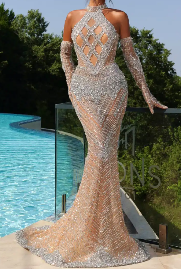 Nude Halter Crystal Embellished Maxi Dress
