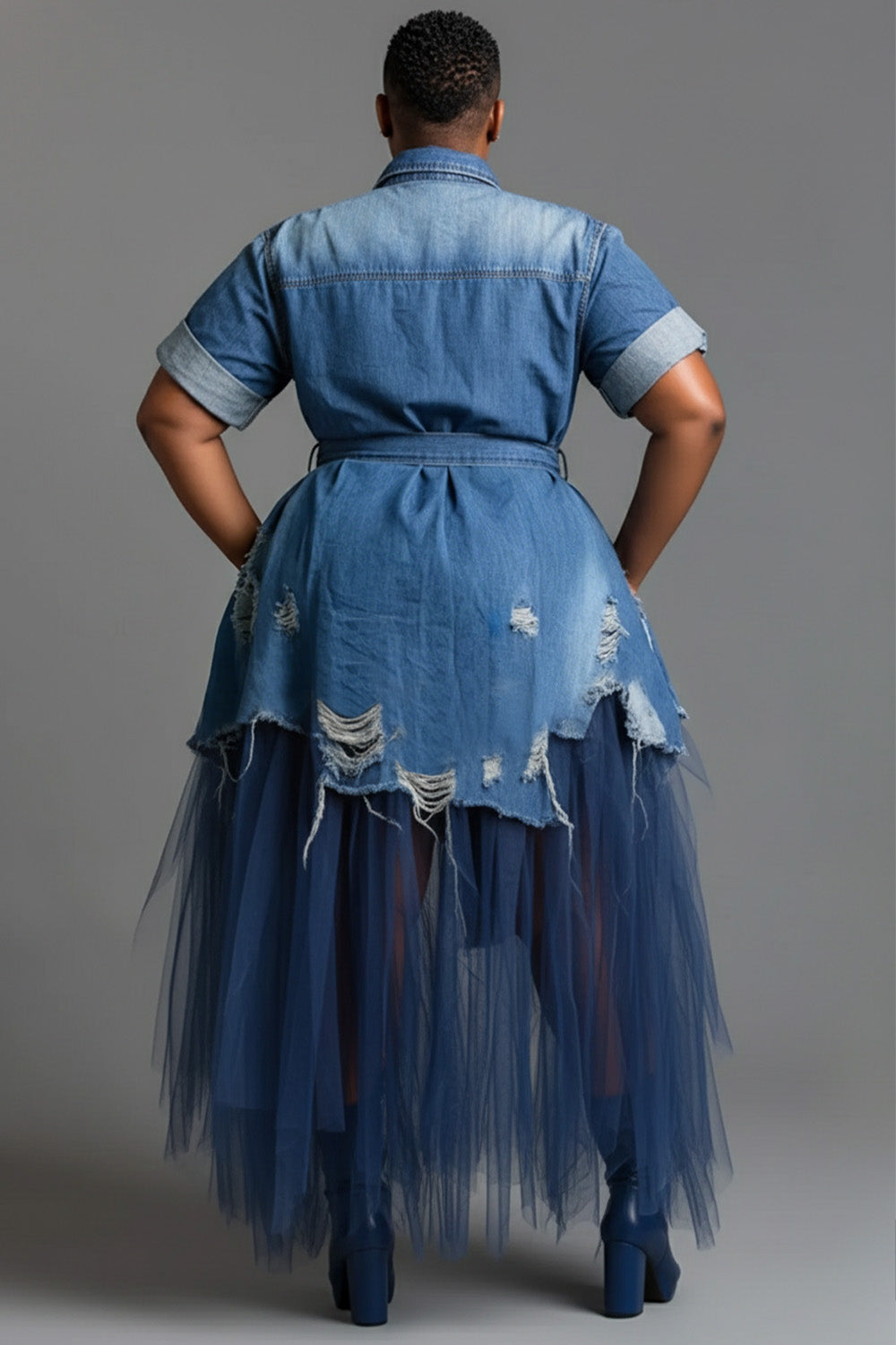 Xpluswear Design Plus Size Party Tulle Blue Shirt Collar Short Sleeve Ripped Pocket Denim Midi Dresses