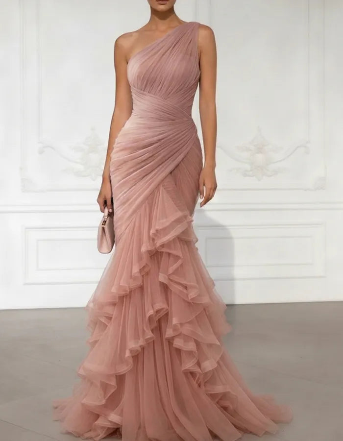 One-Shoulder Draped Tulle Mermaid Gown Maxi Dress