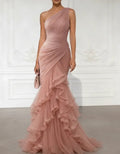 Blush One-Shoulder Ruched Tulle Ruffle Gown – Romantic Formal Elegance