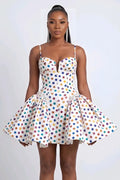 Polka Dot Print Spaghetti Strap Corset Waist Mini Dresses-White [Pre Order]