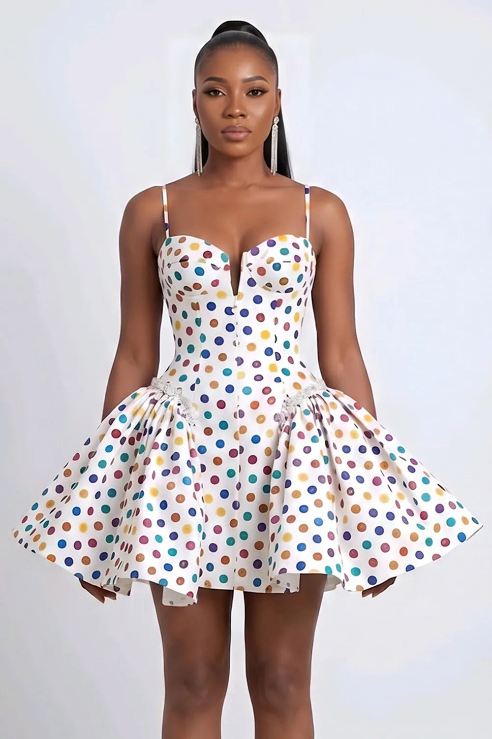 Polka Dot Print Spaghetti Strap Corset Waist Mini Dresses-White [Pre Order]