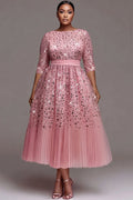 Tulle Pink Round Neck 3/4 Sleeve Pleated Sequin Midi Dresses