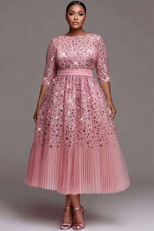 Tulle Pink Round Neck 3/4 Sleeve Pleated Sequin Midi Dresses