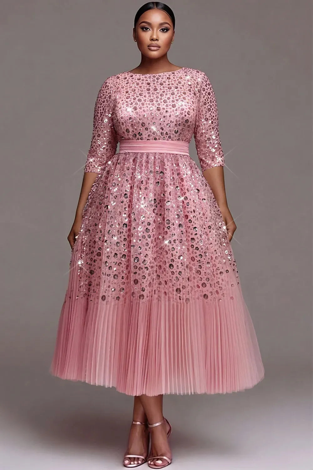 Tulle Pink Round Neck 3/4 Sleeve Pleated Sequin Midi Dresses