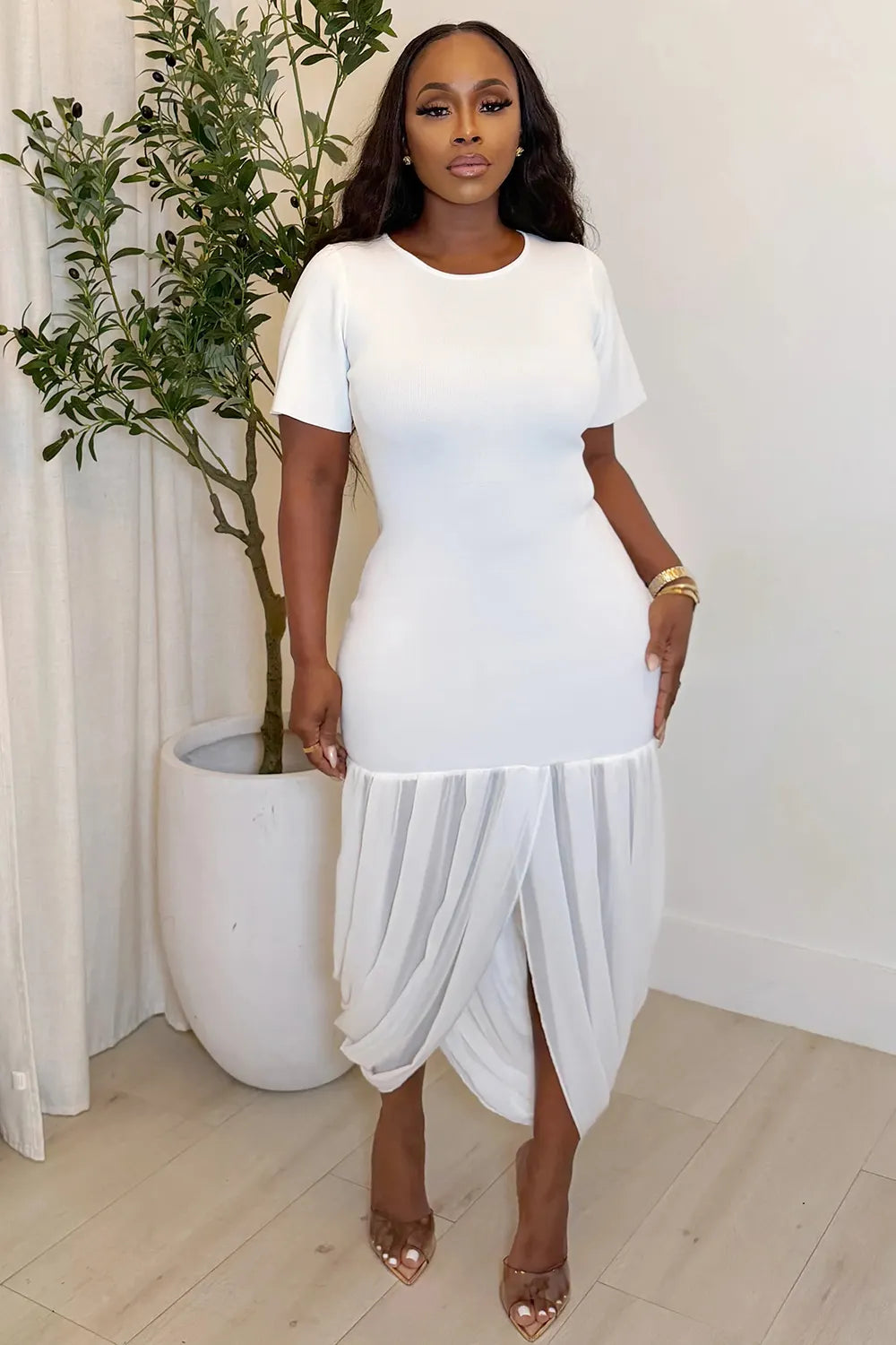 Round Neck Short Sleeve Irregular Hem Casual Midi Dresses-White [Pre Order]