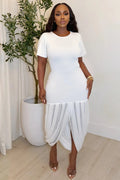 Round Neck Short Sleeve Irregular Hem Casual Midi Dresses-White [Pre Order]
