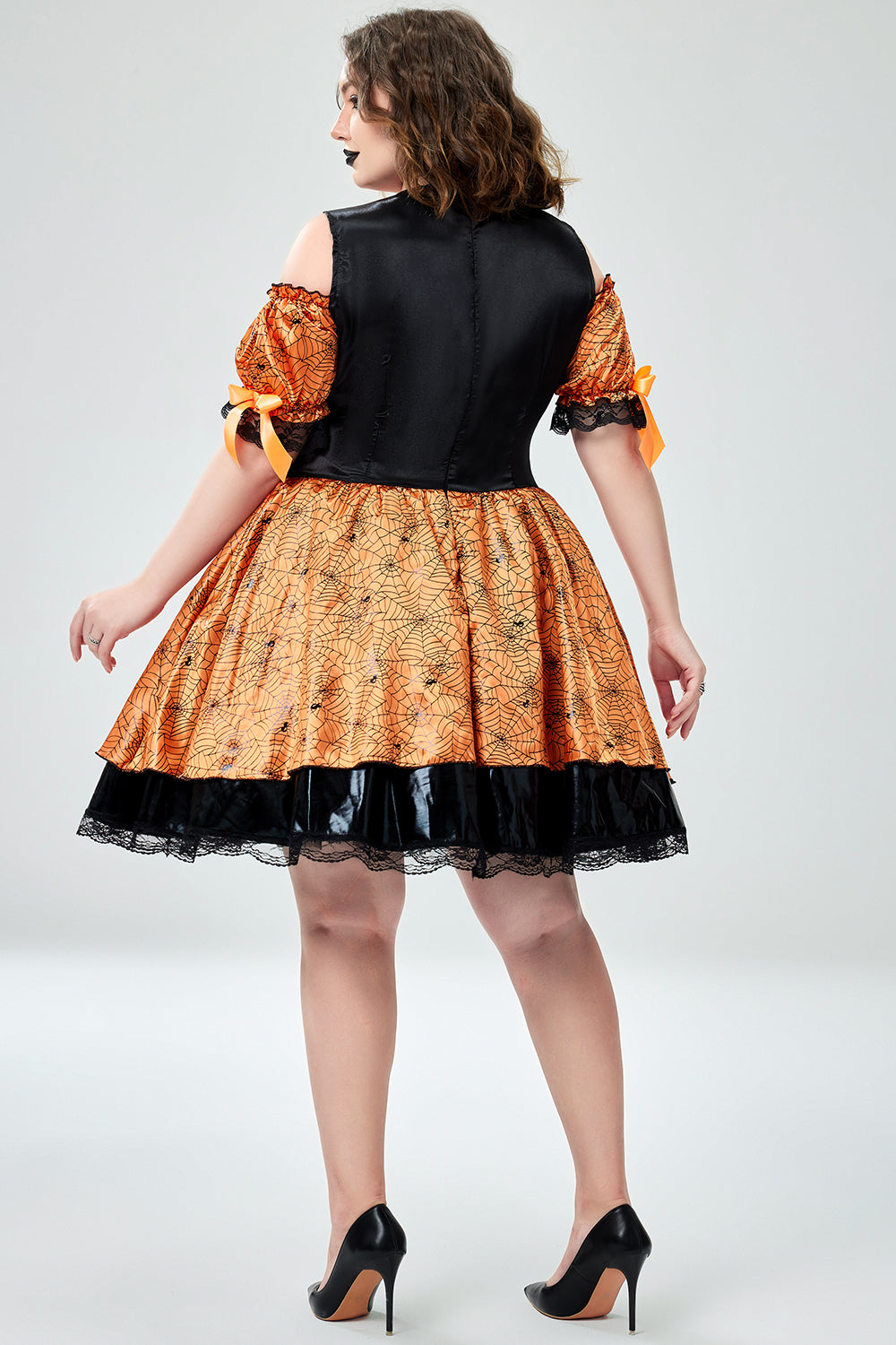Halloween Costume Orange Witch Cold Shoulder Mini Dress (With Hat)(Ships 24h)