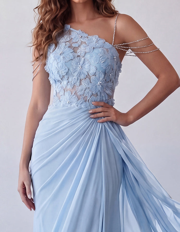 Sky Blue 3D Floral Lace Asymmetric Crystal Strap Draped Chiffon Maxi Dress