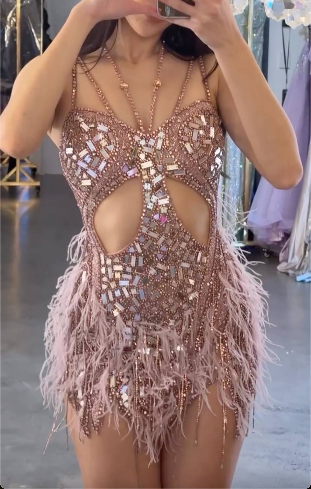 Rose Gold Spaghetti Strap Cutout Beaded Feather Mini Dress