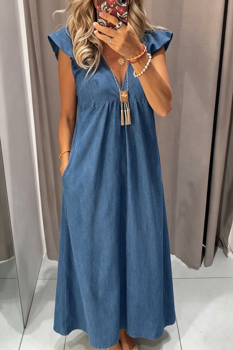Women's Casual Flounce Sleeve Loose Denim Dress