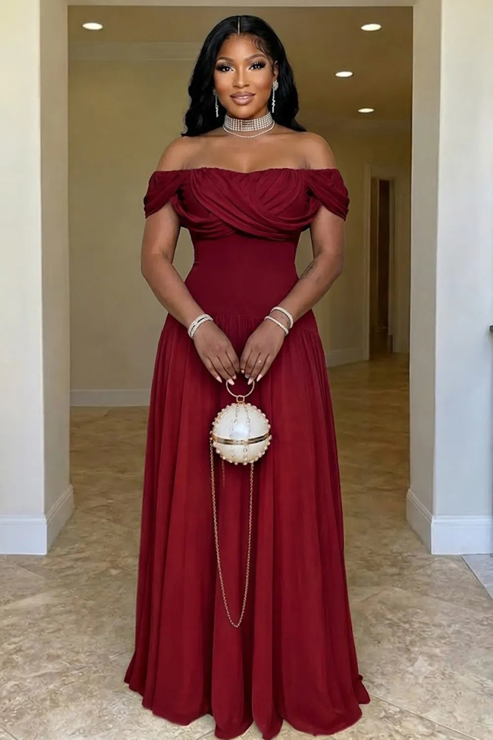 Off Shoulder Draped Cinch Waist Evening Gowns Maxi Dresses-Burgundy