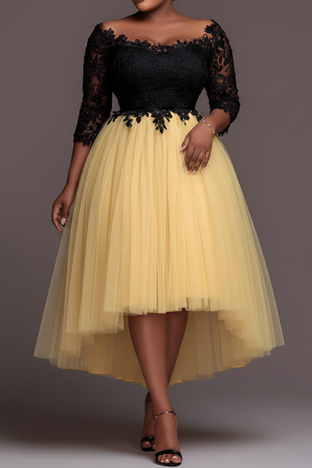 Cocktail Party Lace Yellow Colorblock Round Neck 3/4 Sleeve High Low Hem Tulle Midi Dresses
