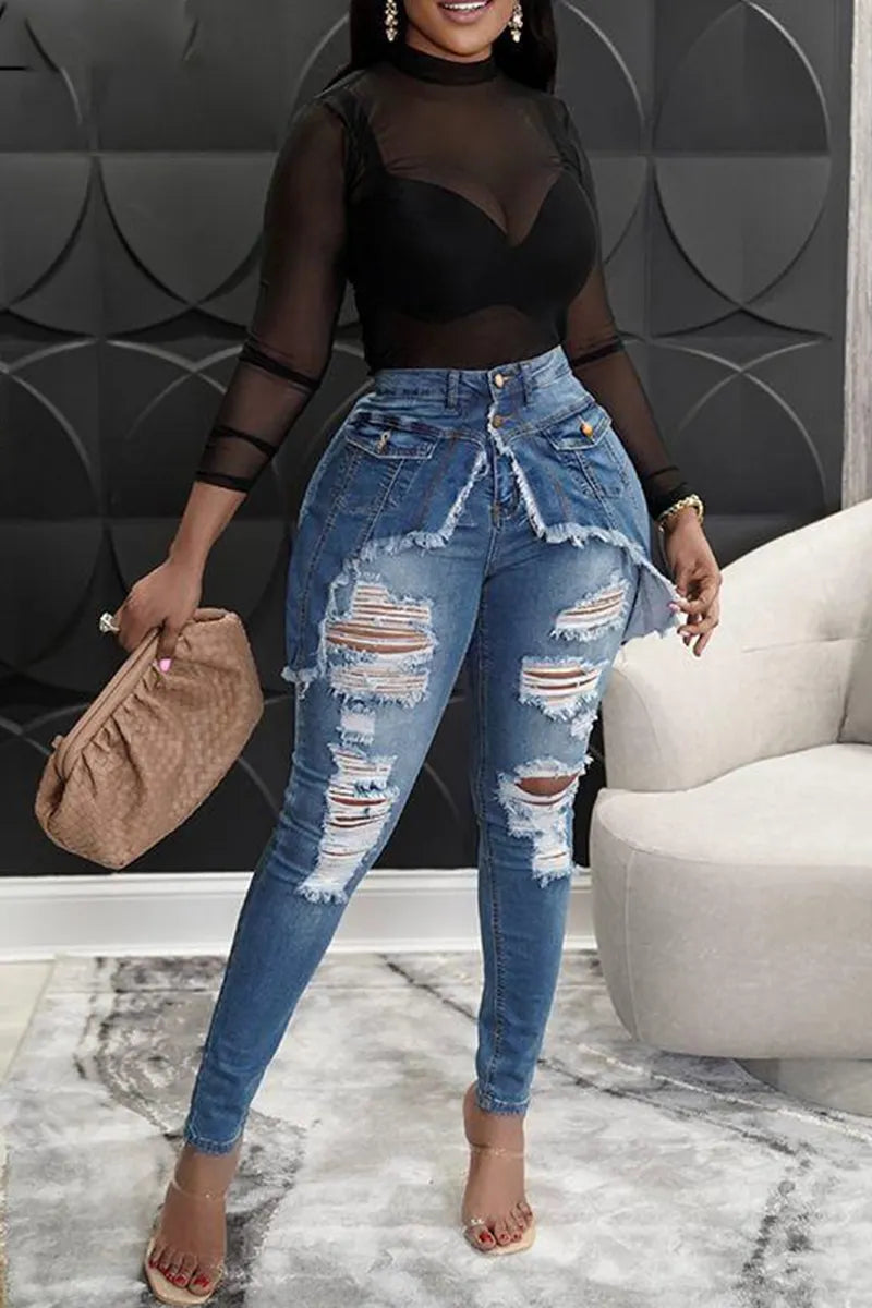 Ladies' Casual Washed Ripped Tight Jeans