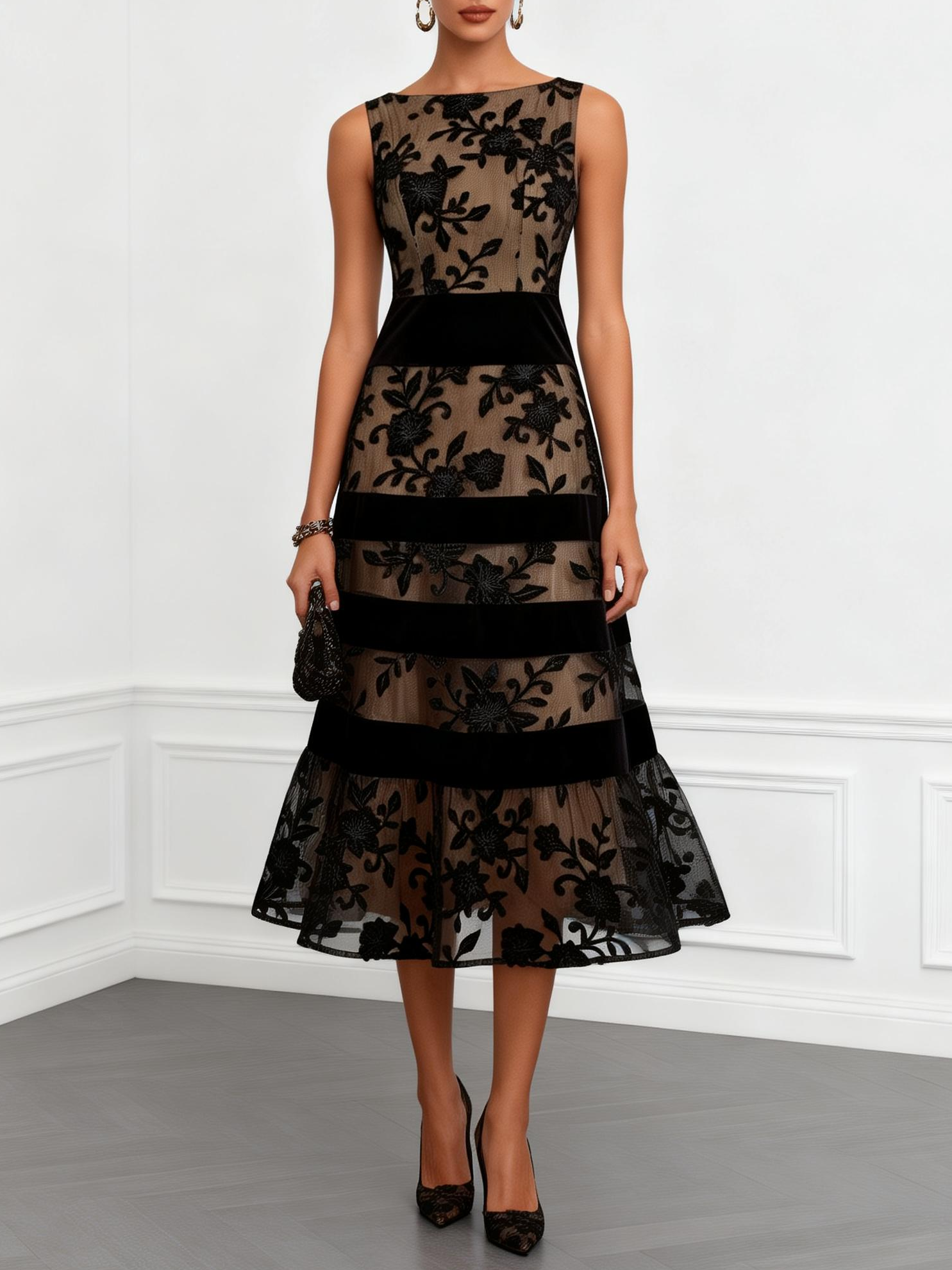 Black Floral Mesh Tiered Midi Dress – Elegant Cocktail & Wedding Guest Style