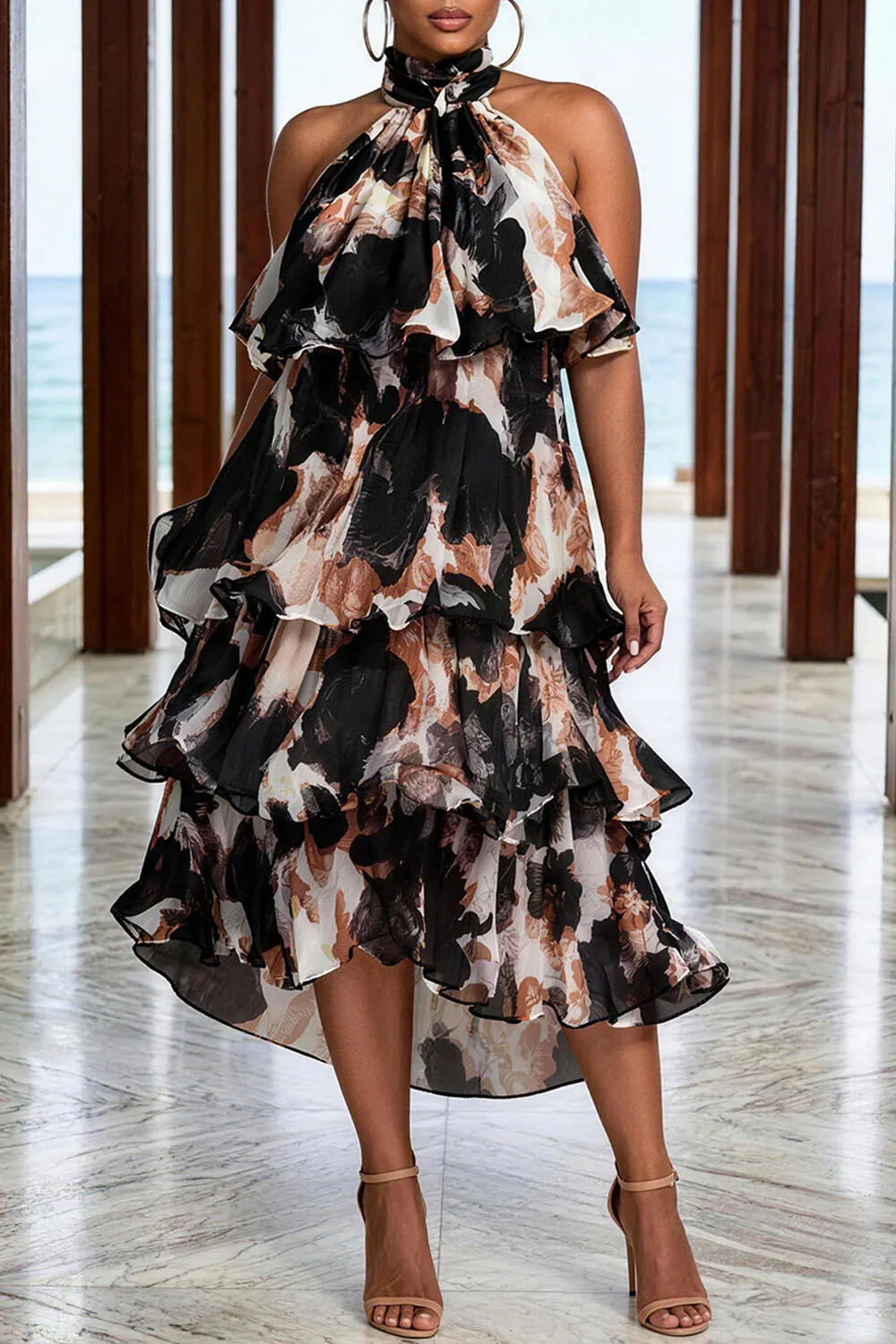 Wedding Guest Black All Over Print Halter Collar Ruffle Chiffon Midi Dresses [Pre-Order]