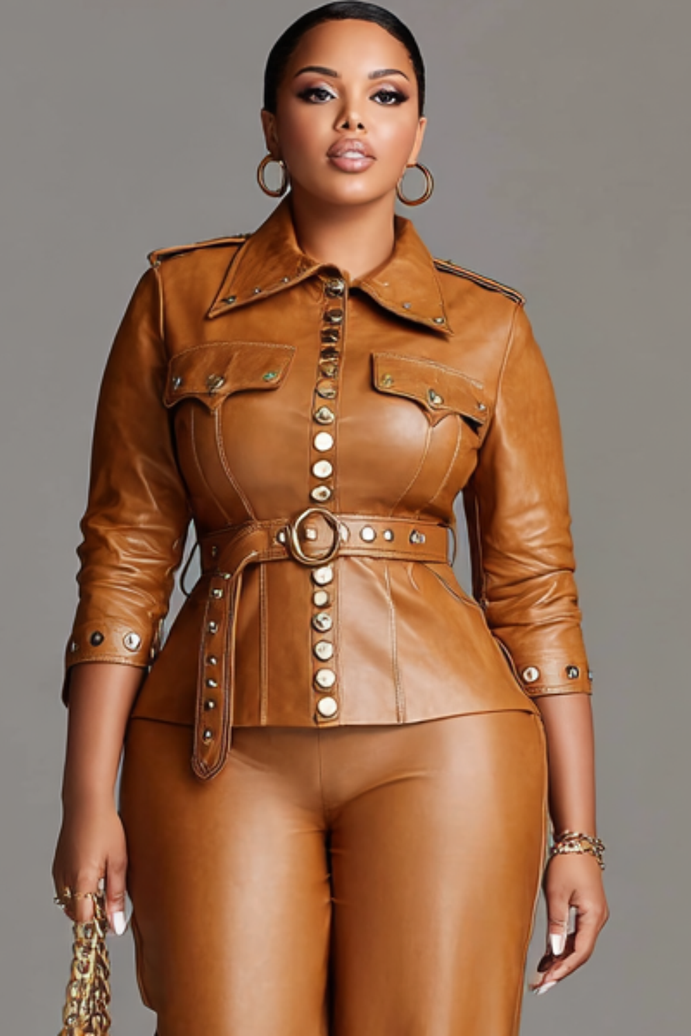 Business Casual Brown Shirt Collar Studded Elegant Pocket PU Leather Two Piece Pant Suits