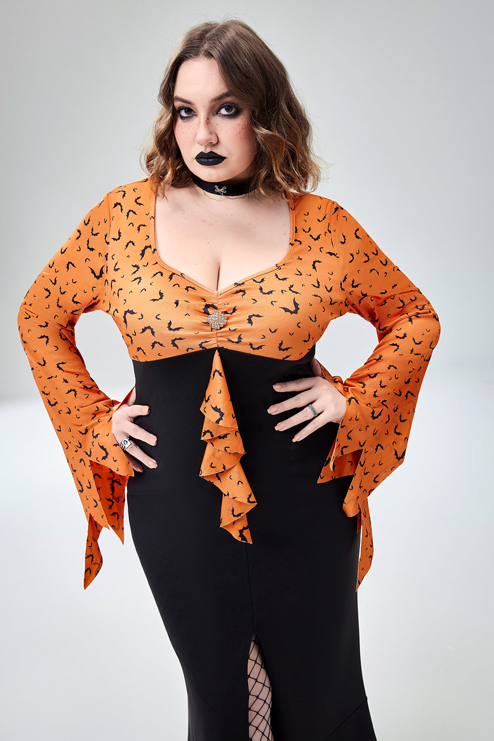 Halloween Costume Orange Bat Print Evil Queen Knitted Maxi Dress(Ships 24h)