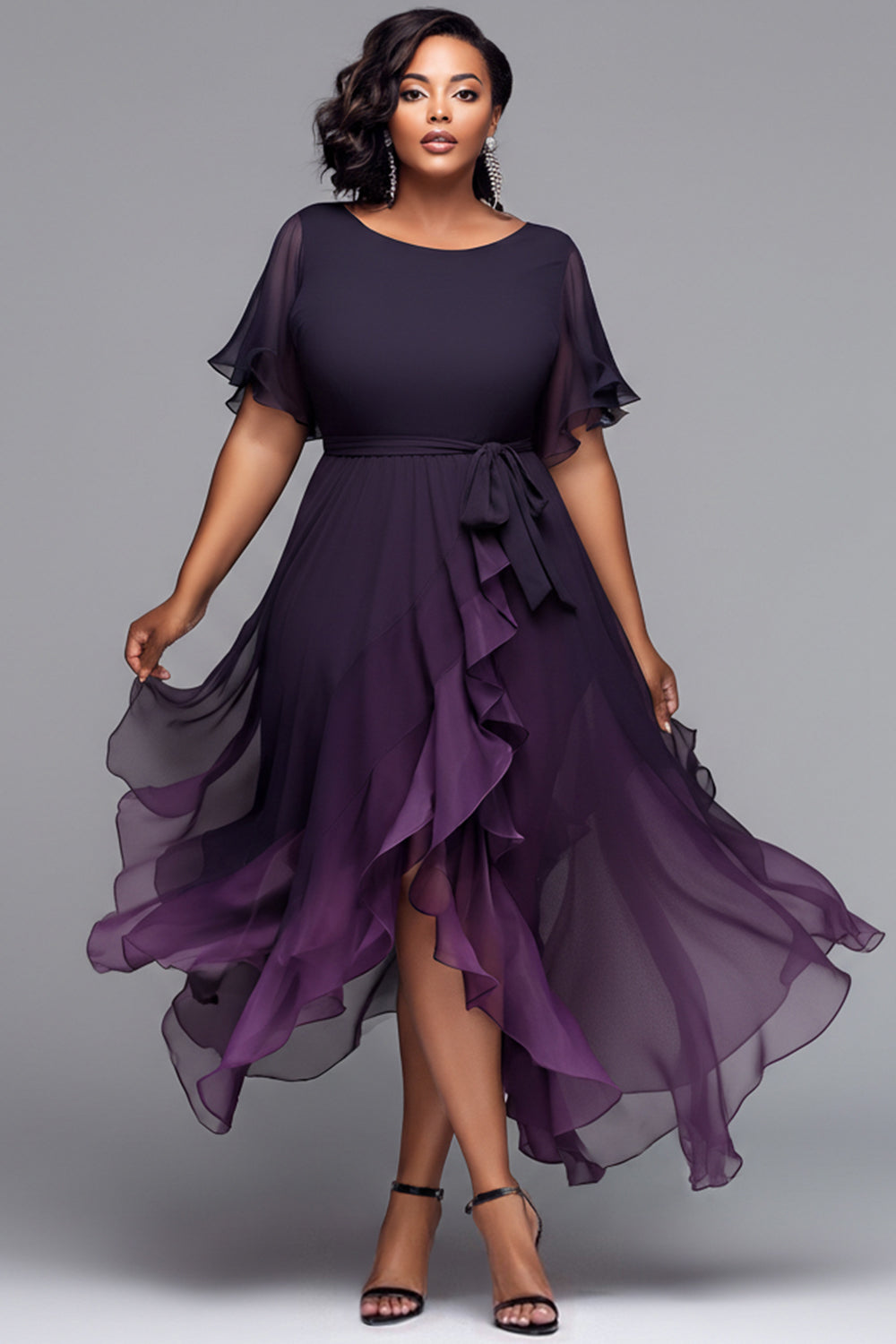 Cocktail Party Black Gradient Round Neck Short Sleeve Asymmetric Hem Irregular Hem Chiffon Midi Dresses