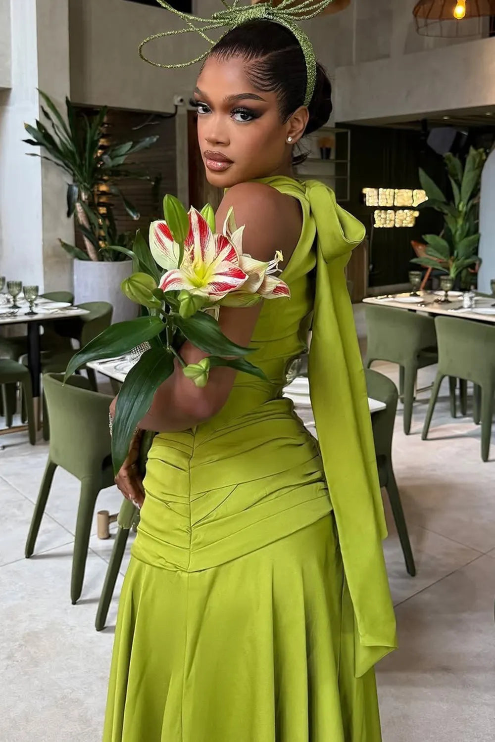 Mock Neck Off Shoulder Ruched Evening Gowns Maxi Dresses-Green [Pre Order]