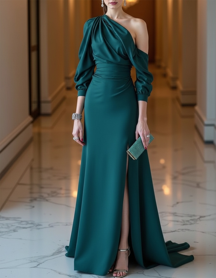 One-shoulder Draped Satin Evening Maxi Dress