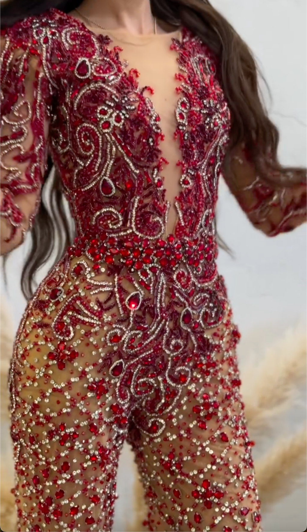 Burgundy Beaded Sheer Jumpsuit with Deep Plunge & Crystal Embellishments
