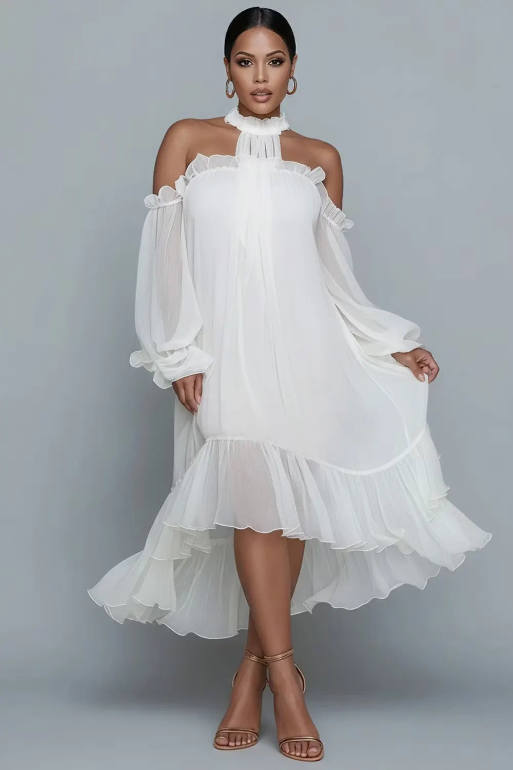 Birthday White Halter Collar Cold Shoulder Long Sleeve Ruffle Asymmetric Hem Irregular Hem Chiffon Midi Dresses