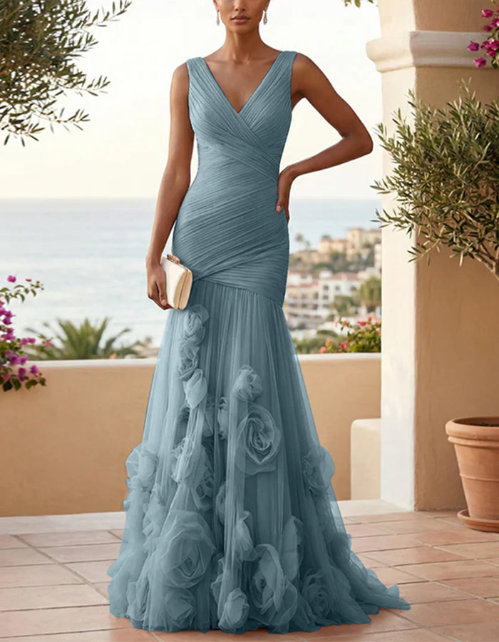 Solid Color V-neck 3D Rose Mesh Maxi Dress