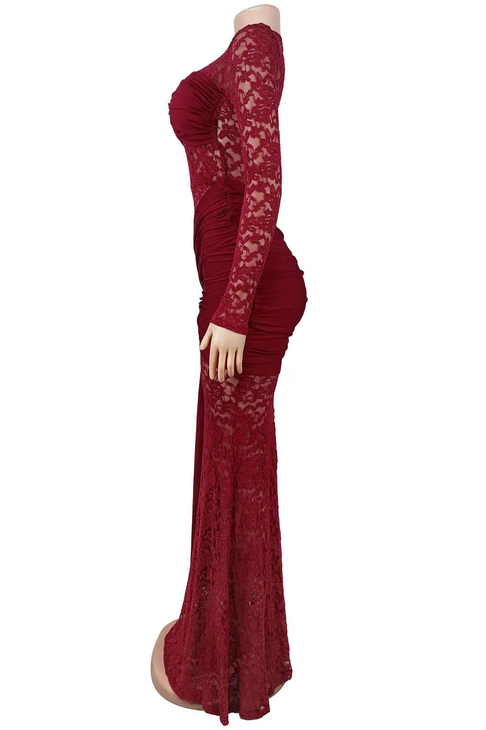 Lace Round Neck Long Sleeve Side Sash Slim Gowns Maxi Dresses-Burgundy