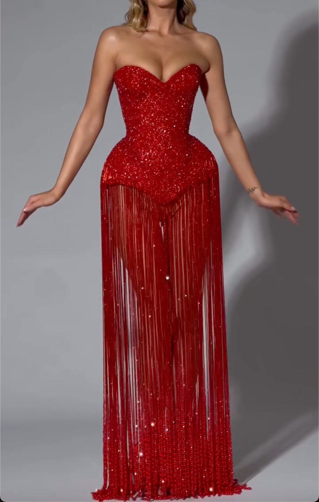 Red Strapless Crystal Beaded Sequin Fringe Mermaid Maxi Dress