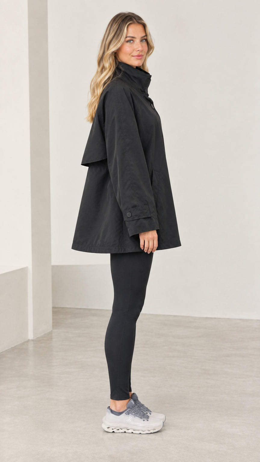 Women's Stand Collar A-Line Swing Trench Jacket with Back Flap