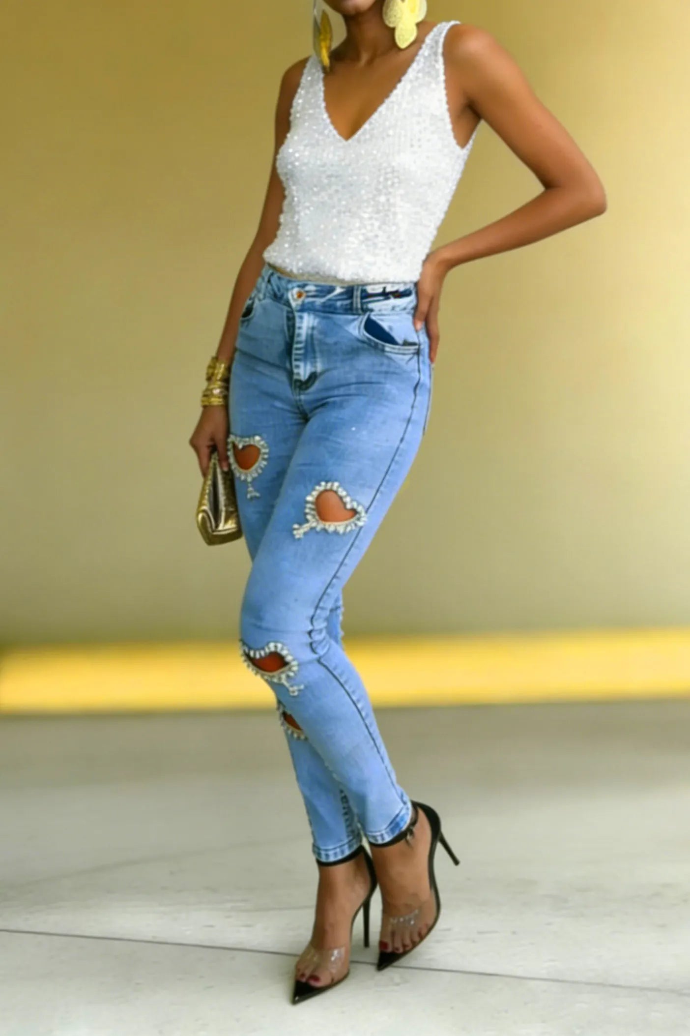 Women's Revival Style Rhinestone Heart-Shaped Cutout Jeans