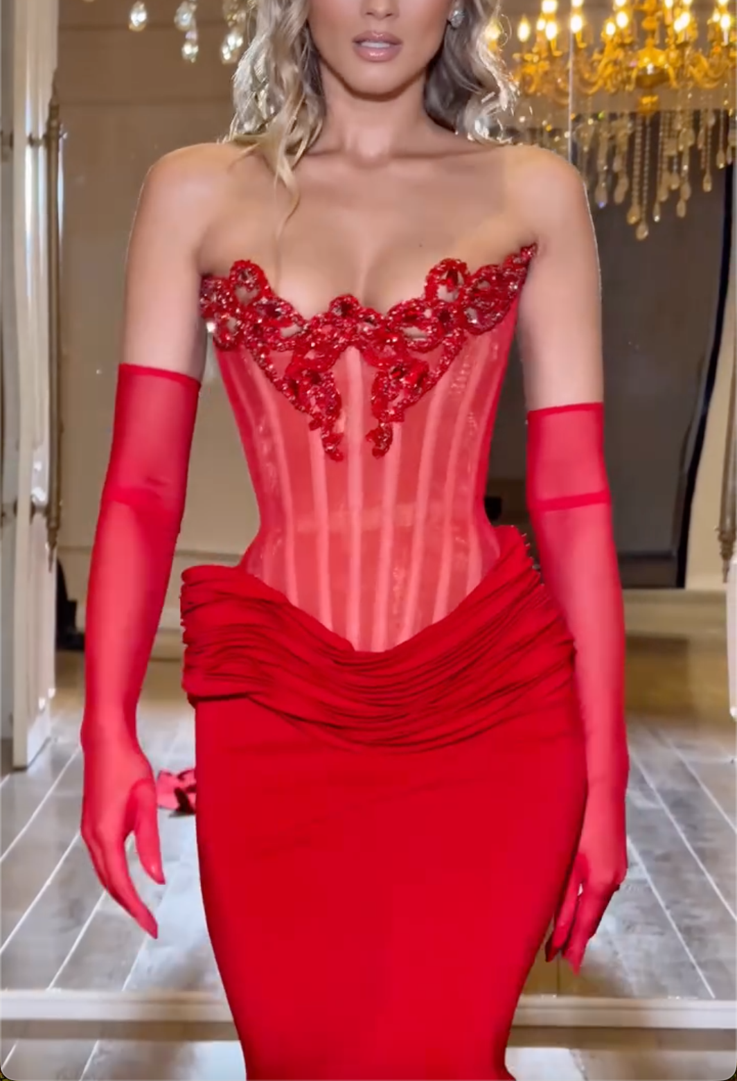 Red Strapless Crystal Beaded Sheer Corset Mermaid Maxi Dress with Oversized Train