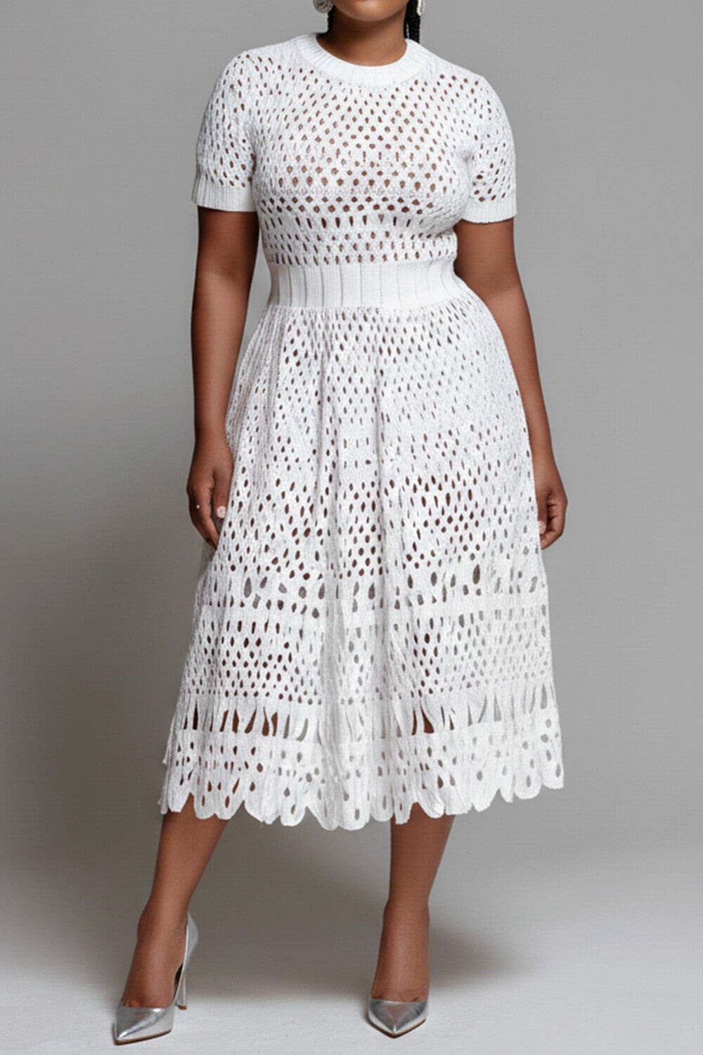 Vacation White Round Neck Short Sleeve Cut Out Midi Dresses