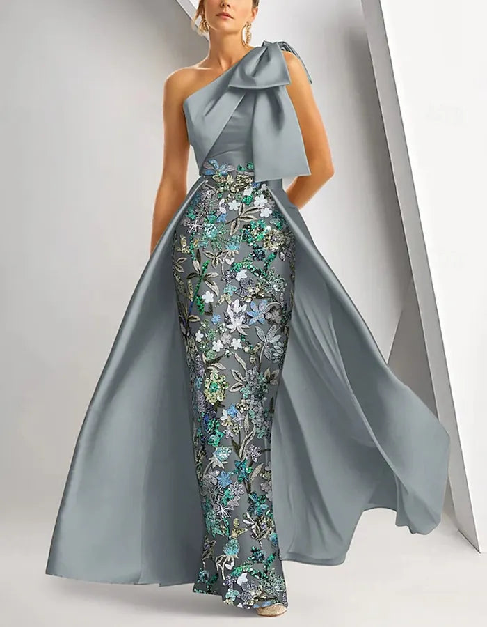 One Shoulder Satin Sequin Bodycon Maxi Dress