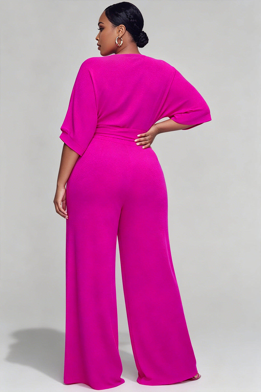 Daily Casual Hot Pink Round Neck Short Sleeve Pocket Fold Two Piece Pant Sets