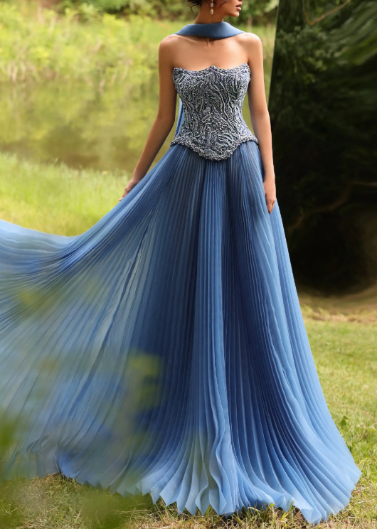 Dusty Blue Beaded Strapless Pleated Tulle Maxi Dress
