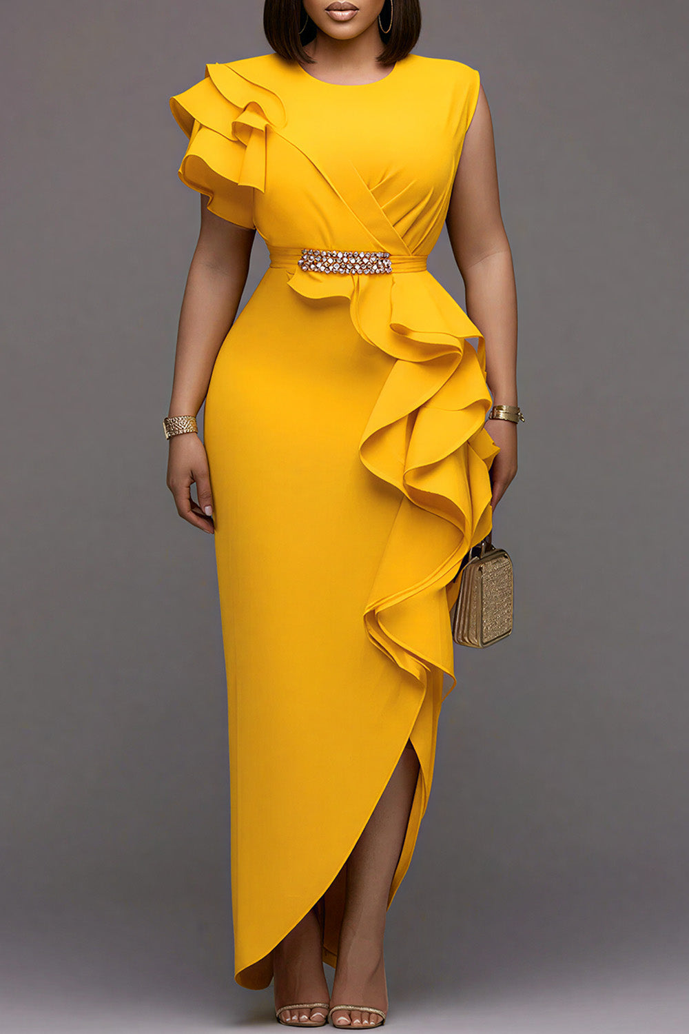 Cocktail Party Yellow Round Neck Ruffle Split Maxi Dresses