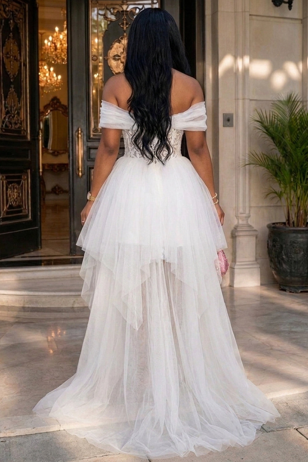 Off Shoulder Floral High-Low Hem Mesh Gowns Maxi Dresses-White [Pre Order]