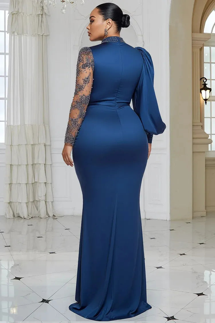 Blue Mock Neck Lantern Sleeve Long Sleeve Drilling Elegant See Through Tulle Satin Maxi Dresses