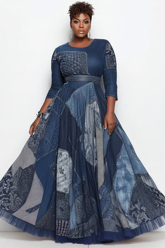 Semi  Blue Graphic Round Neck 3/4 Sleeve Pocket Casual Ruffle Maxi Dresses