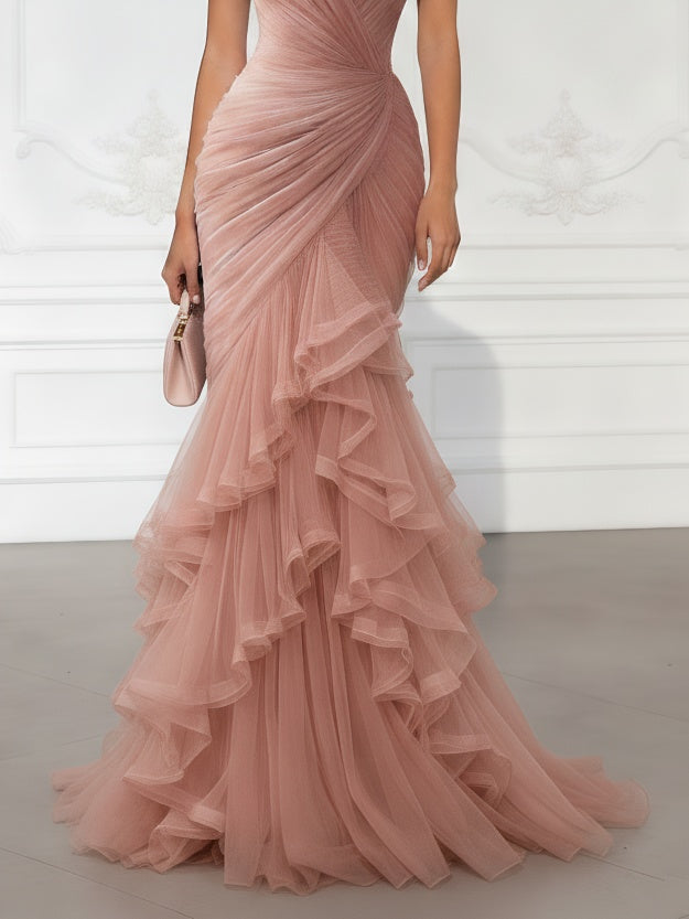 Dusty Pink Tulle Ruffle Mermaid Spaghetti Straps Maxi Dress