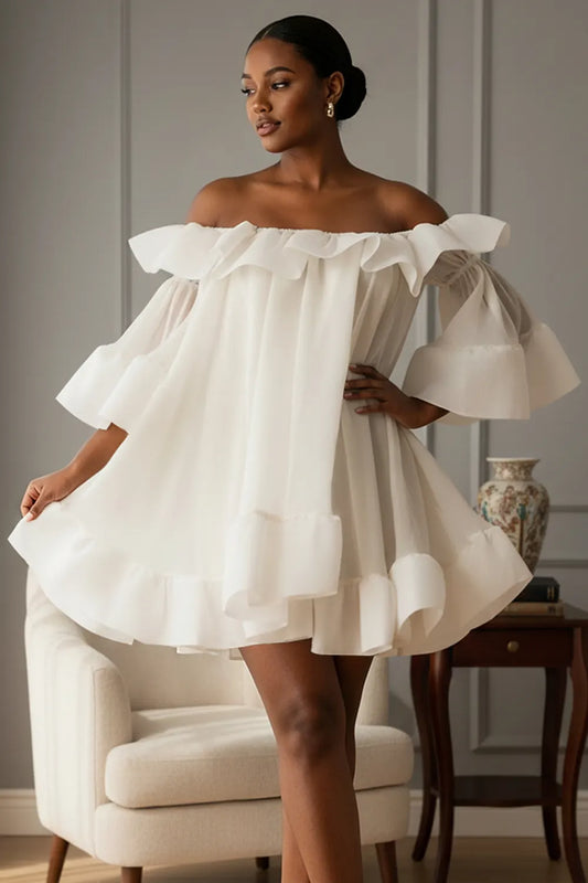 Party White Off The Shoulder Flare Short Sleeve Ruffle Chiffon Mini Dresses