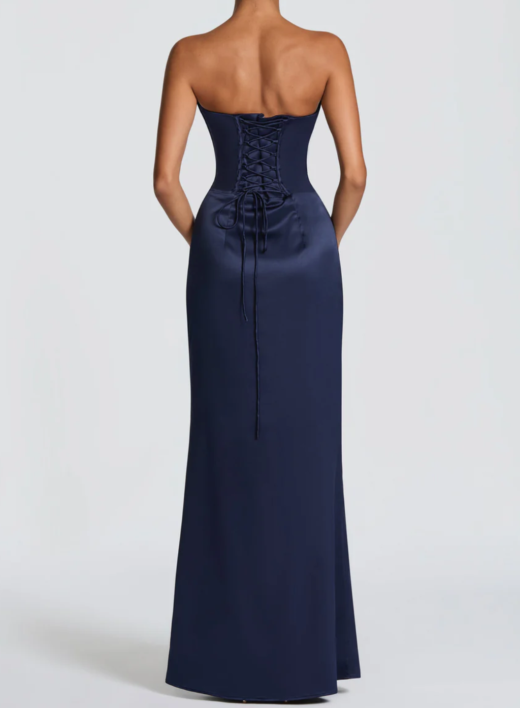 Navy Blue Satin Mermaid Evening Dress, Elegant Strapless Formal Gown with Cowl Neck & Lace Up Back
