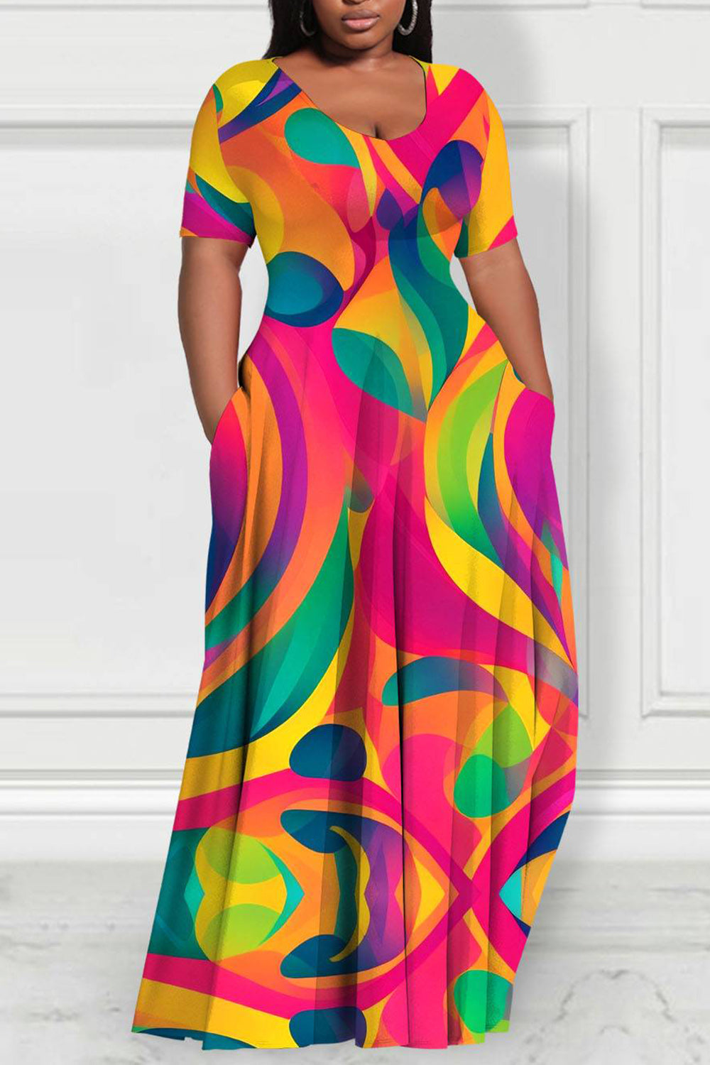 Daily Multicolor All Over Print Round Neck Short Sleeve Pocket Casual Maxi Dresses