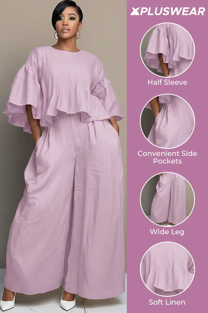 Business Casual Purple Round Neck Half Sleeve Pocket Wide Leg Linen Two Piece Pant Sets
